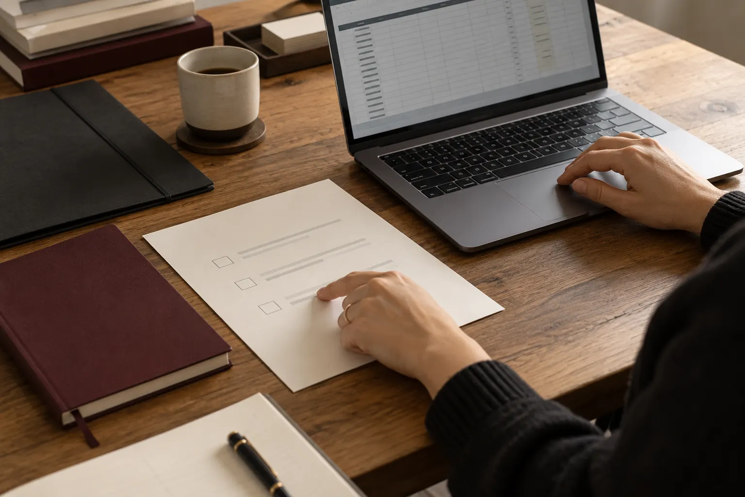 Persona marcando una lista de verificación junto a una computadora con una planilla.