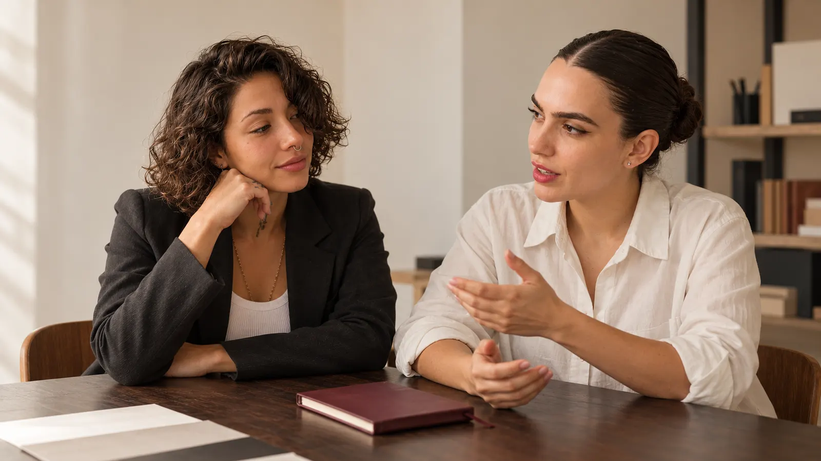 Dos mujeres conversan sentadas a una mesa de trabajo.